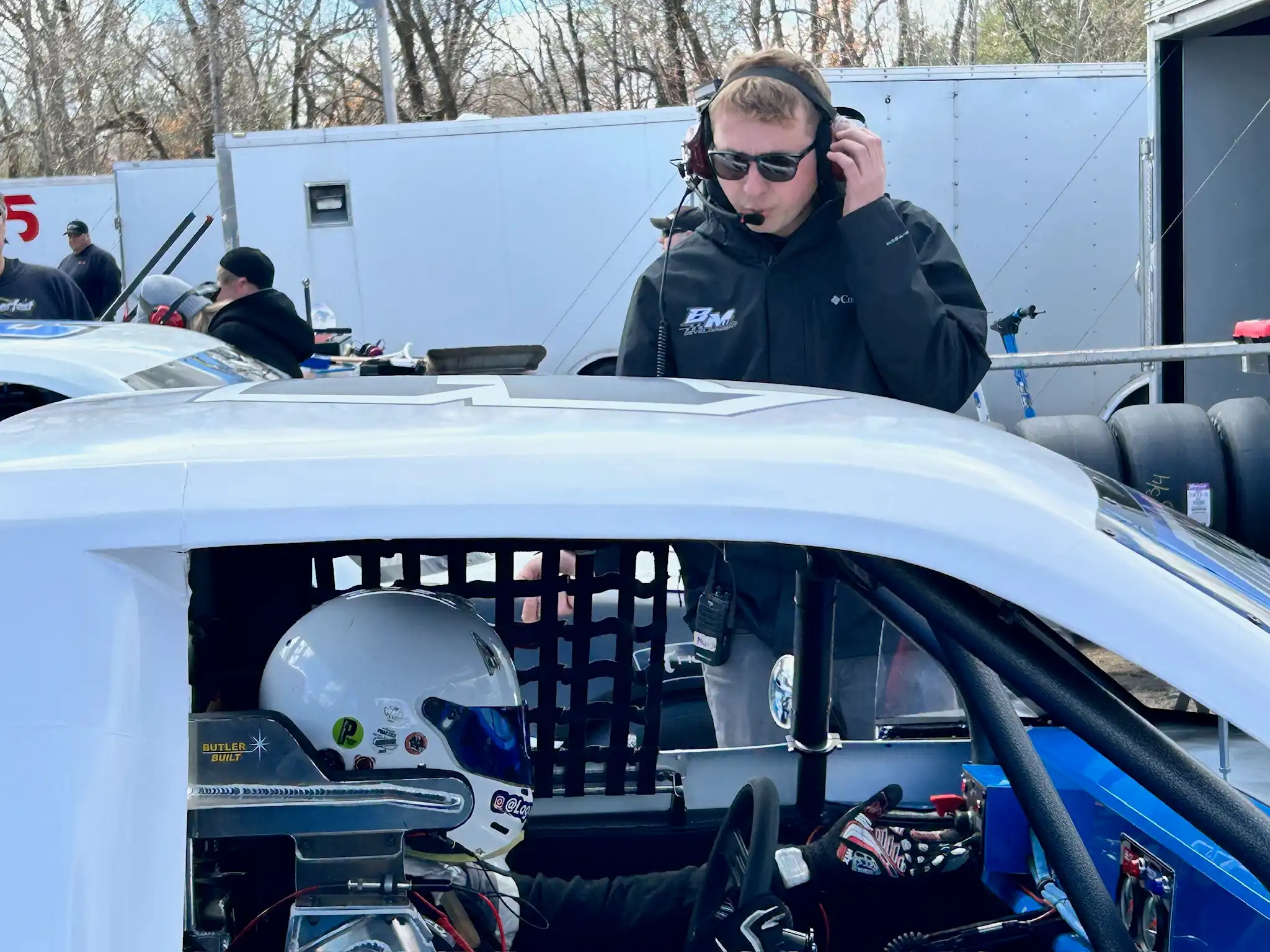 Bryce Miller spotting and communicating with Logan Nealis in the race truck